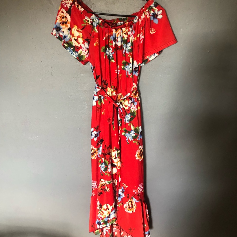 Red Floral High Low Dress